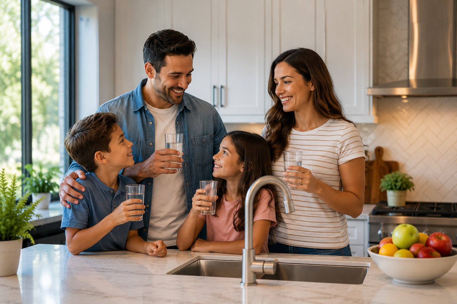 Family enjoying clean water together in their kitchen