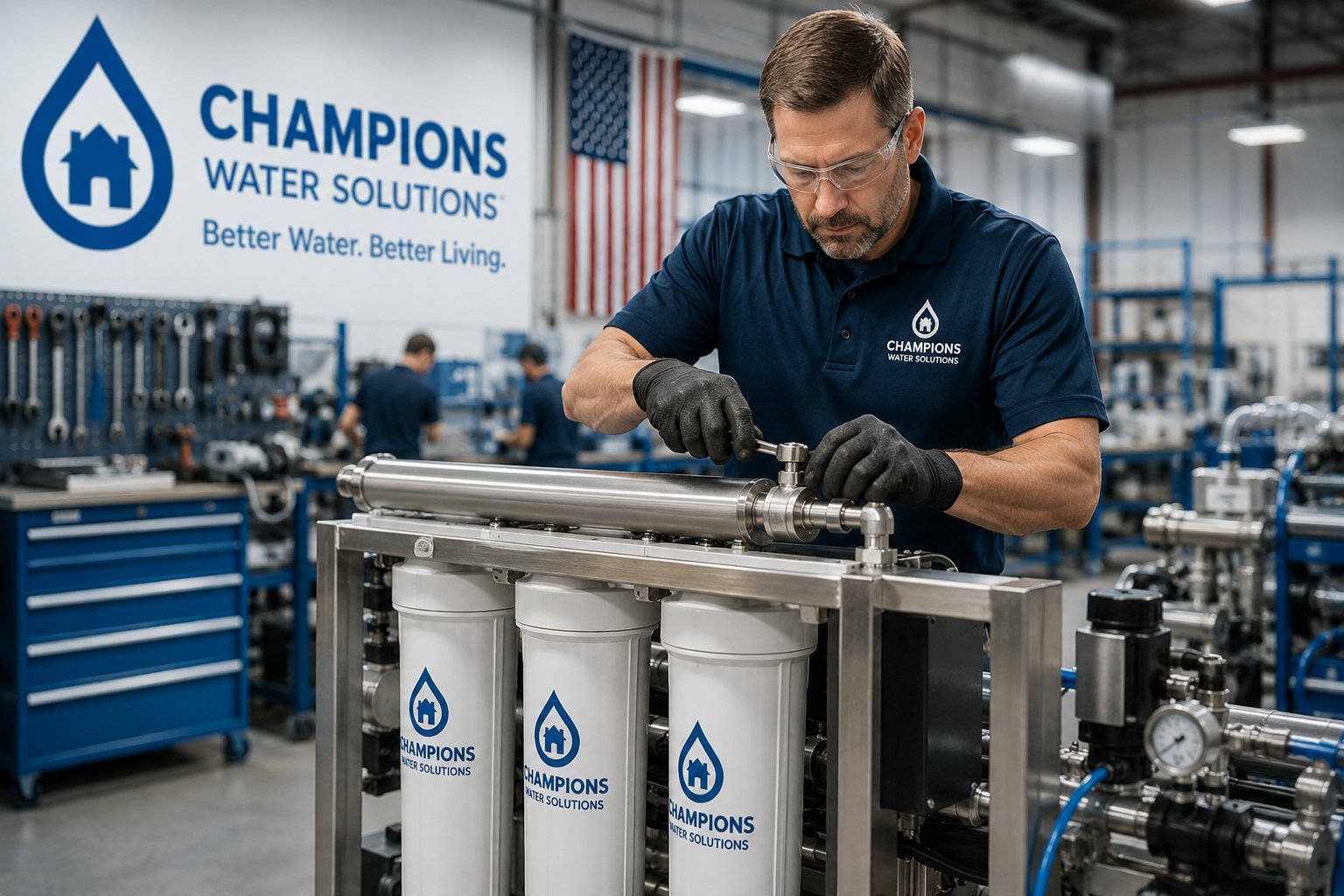 Champions Water Solutions technician assembling a filtration system in the workshop