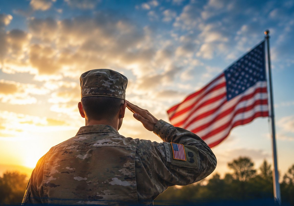 Soldier saluting the American flag at sunset
